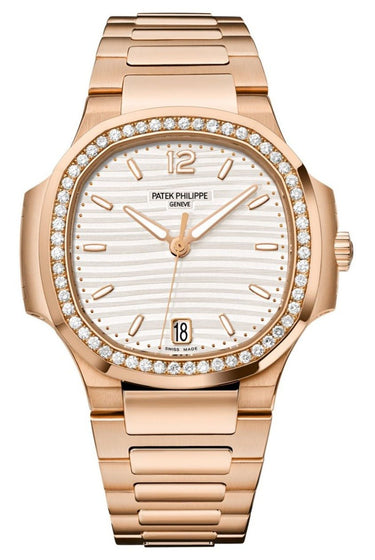 Patek Philippe Nautilus Ladies Rose Gold Nautilus White Dial Diamond Bezel 7118/1200R-001 - WatchesOff5thWatch
